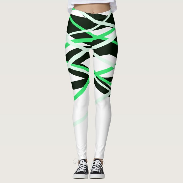 Neon Grönt Black White Rand Geometric Leggings (Framsida)
