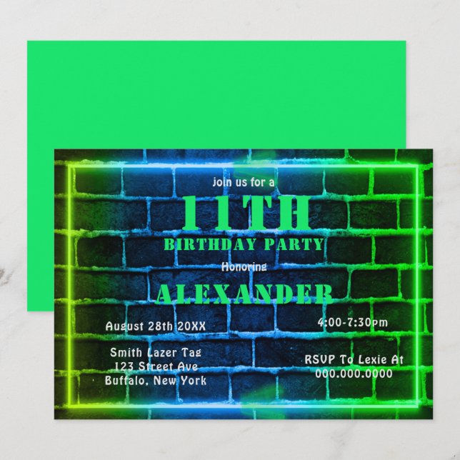 Neon Grönt Blue Brick 11:e Födelsedagsfesten Inbju (Fram/baksida)