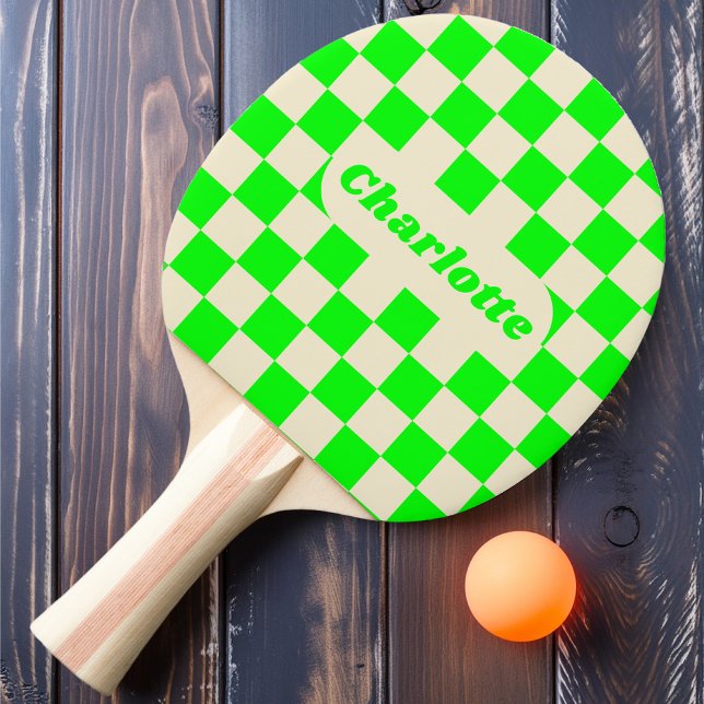 Neon Grönt & Cream Checker med Namn Pingisracket (Skapare uppladdad)