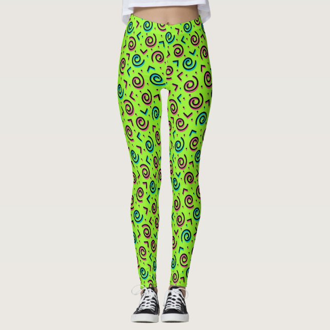 Neon Grönt Doodle Mönster Leggings (Framsida)