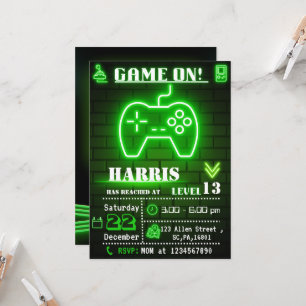 Neon Grönt Gamer Födelsedagsfest inbjudan
