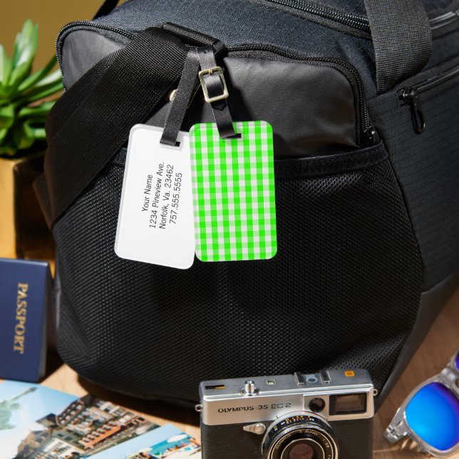 Neon Grönt Gingham Mönster av Shirley Taylor Bagagebricka (Fram & Baksida)