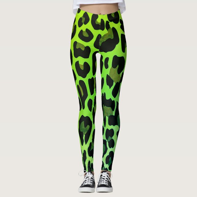 Neon Grönt Leopard print Leggings (Framsida)