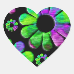 Neon grönt lila blue daisy hjärtformat klistermärke