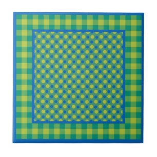 Neon Grönt och Blue Polka dots on Emerald, Checks Kakelplatta