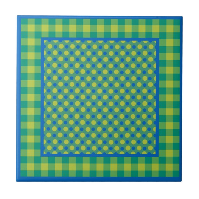Neon Grönt och Blue Polka dots on Emerald, Checks Kakelplatta (Framsidan)