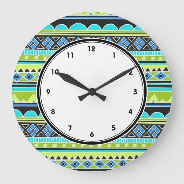 Neon Grönt och Blue Tribal mönster numrerad klocka (Framsida)