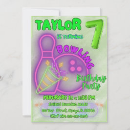Neon Grönt och Lila Kids Bowling Födelsedagsfest Inbjudningar
