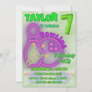 Neon Grönt och Lila Kids Bowling Födelsedagsfest Inbjudningar