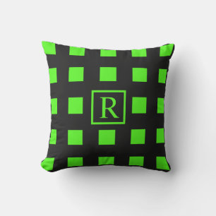 Neon Grönt Squares Mönster Monogram Black Cute Kudde