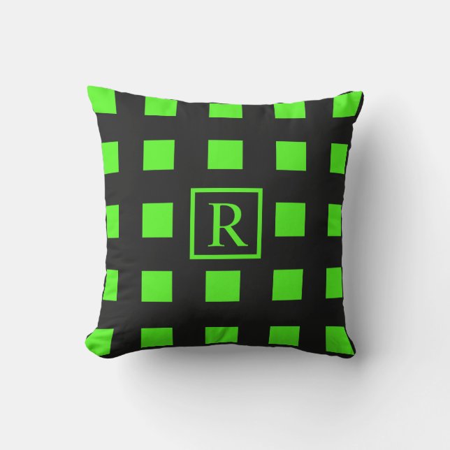 Neon Grönt Squares Mönster Monogram Black Cute Kudde (Framsida)