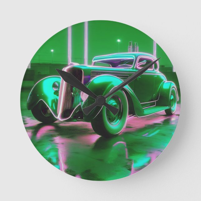Neon Grönt Street Rod 1930 Rund Klocka (Framsida)