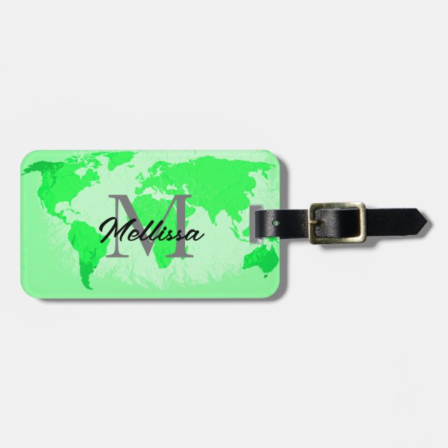 Neon Grönt World Map Monogram Traveler Artistic Bagagebricka (Horisontell Framsida)