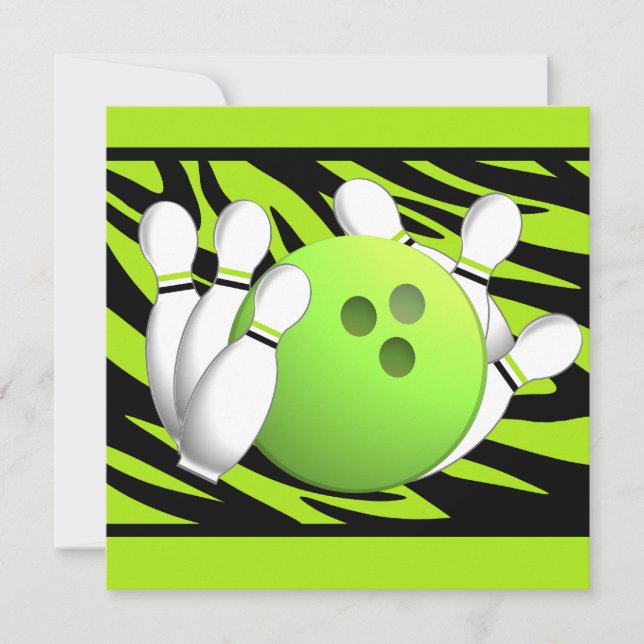 Neon Grönt Zebra Rand Bowling Party Inbjudningar (Framsida)