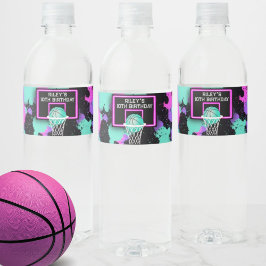 Neon Grunge Paint Splatter Basketball Birthday Vattenflaska Etikett
