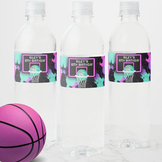 Neon Grunge Paint Splatter Basketball Birthday Vattenflaska Etikett (Skapare uppladdad)