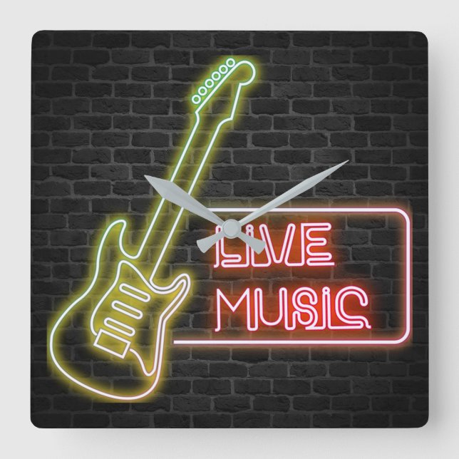 Neon guitar-tecken på tegel fyrkantig klocka (Framsida)