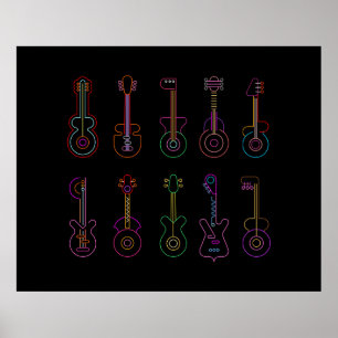 Neon Guitars med svart bakgrund Poster