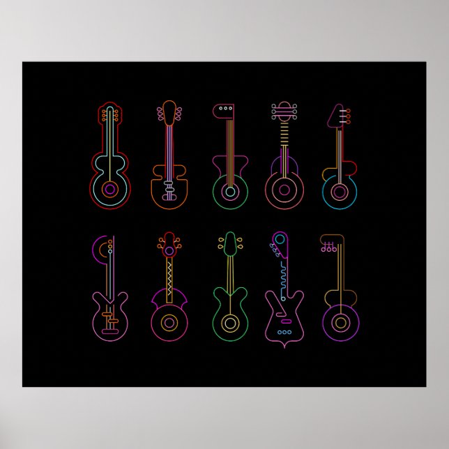 Neon Guitars med svart bakgrund Poster (Framsidan)