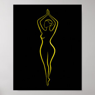 Neon Gul Kvinnlig Kropps Linjekonst Svart Minimali Poster