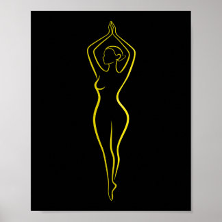Neon Gul Kvinnlig Kropps Linjekonst Svart Minimali Poster