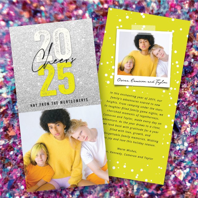 Neon Gult Cheers 2025 Glitter nyårfoto Julkort (Neon Yellow Cheers 2025 Glitter New Year Photo Holiday Card @ fat_fa_tin)