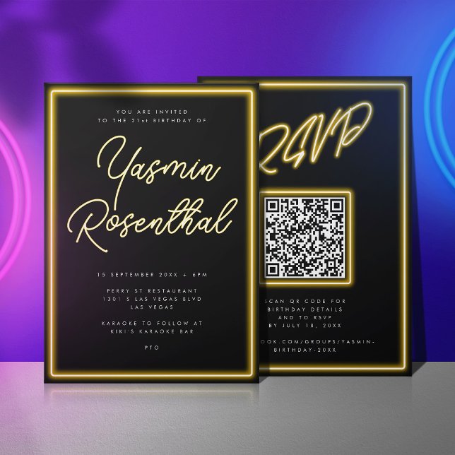 Neon Gult Ljus Black Modern OSA Birth Inbjudningar (Black birthday invitation with neon yellow lettering and QR code on the back)