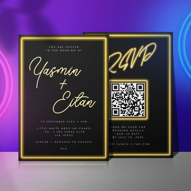 Neon Gult Ljus Black Modern OSA Bröllop Inbjudningar (Black invitation with yellow neon light script for the bride and groom's names)