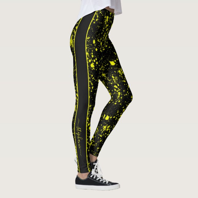 Neon Gult Paint Splatter Monogram Retro Leggings (Höger)