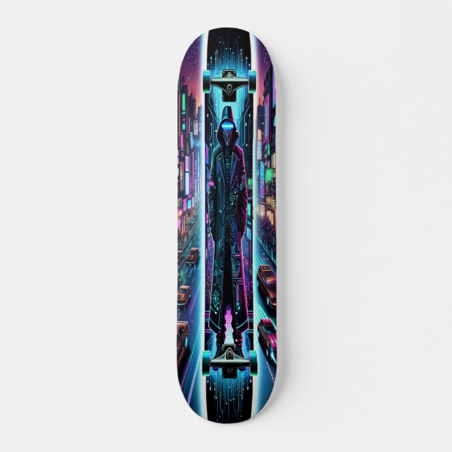"Neon Hacker: Cyberpunk Cityscape Mini Skateboard Bräda 18,5 Cm (Framsida)