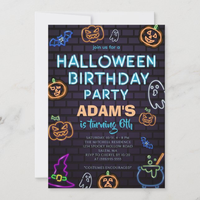 Neon Halloween Birthday Party  Invitation Inbjudningar (Framsida)