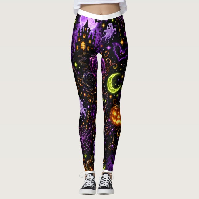 Neon Halloween Black Cat and Ghost Leggings (Framsida)