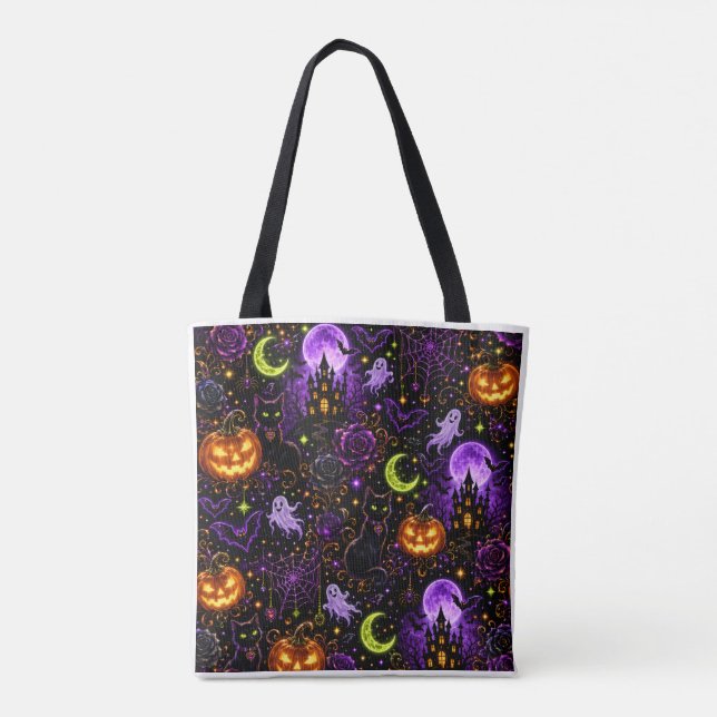 Neon Halloween Black Cat and Ghost Tote Bag Tygkasse (Baksida)