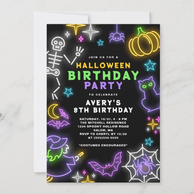 Neon Halloween Boys 8th Birthday Costume Party Inbjudningar (Framsida)