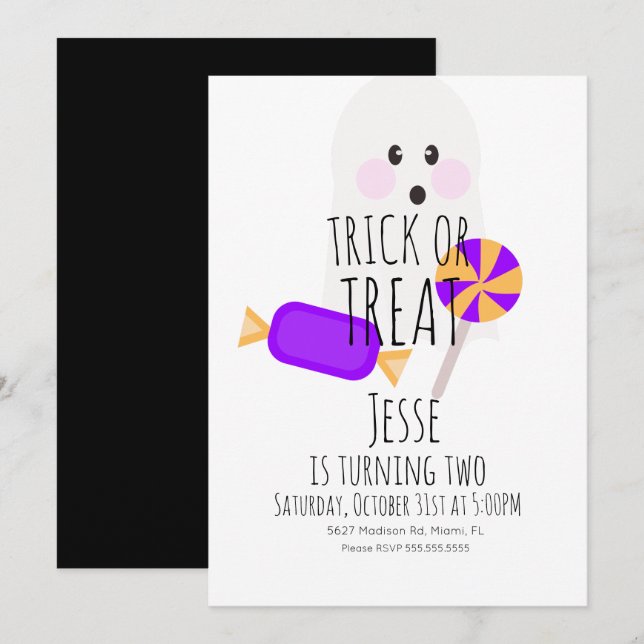 Neon Halloween Bus eller godis Ghost Birthday Inbjudningar (Fram/baksida)