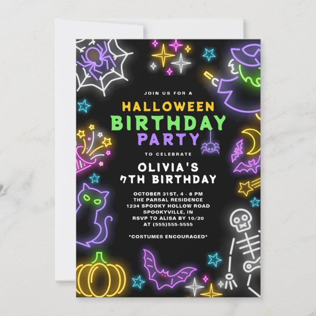 Neon Halloween Girls 7:e Birthday Costume Party Inbjudningar (Framsida)