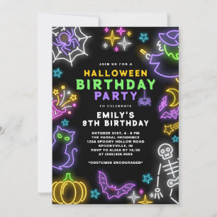 Neon Halloween Girls 8th Birthday Costume Party Inbjudningar