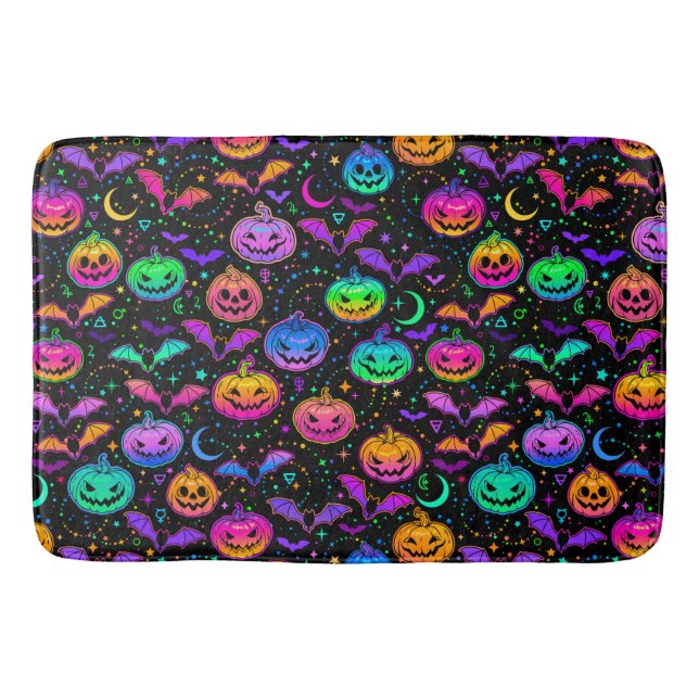 Neon Halloween Jack=O=Lanterns Fladdermöss och Stj Badrumsmatta (Framsidan)