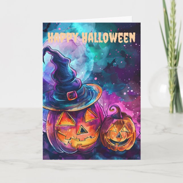 Neon Halloween Jack O Lanterns på svenska blir Neo Helgkort (Framsida)