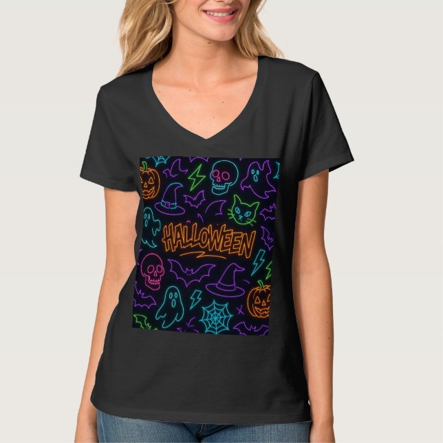 Neon Halloween Pattern Ghosts Pumpkins Bats T Shirt (Framsida)