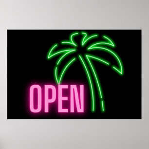 Neon Handflatan Träd Grönt & Rosa Open Sign-Poster Poster