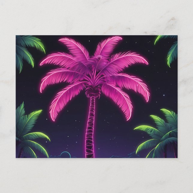 Neon Handflatan Träd med Retro Vibes och Tropical  Vykort (Framsida)