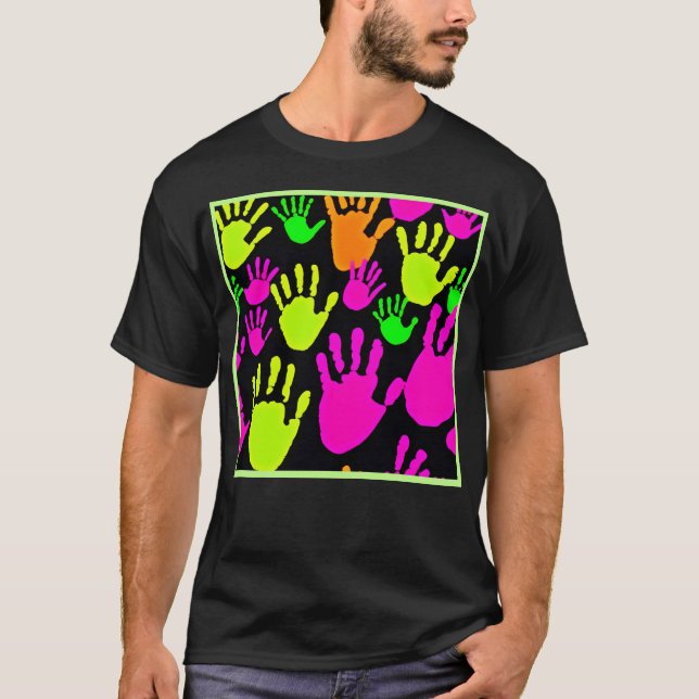 Neon Handprint Graffiti Mönster T Shirt (Framsida)