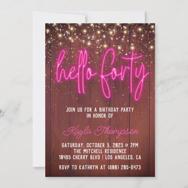 Neon Hej 40 Wooden Birthday-inbjudan Inbjudningar (Baksida)