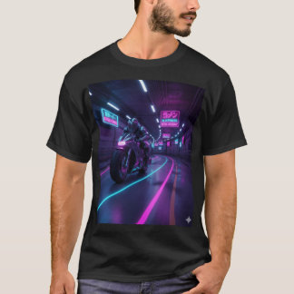 Neon Highway Rider | Cyberpunk Motorcycle Art T Shirt
