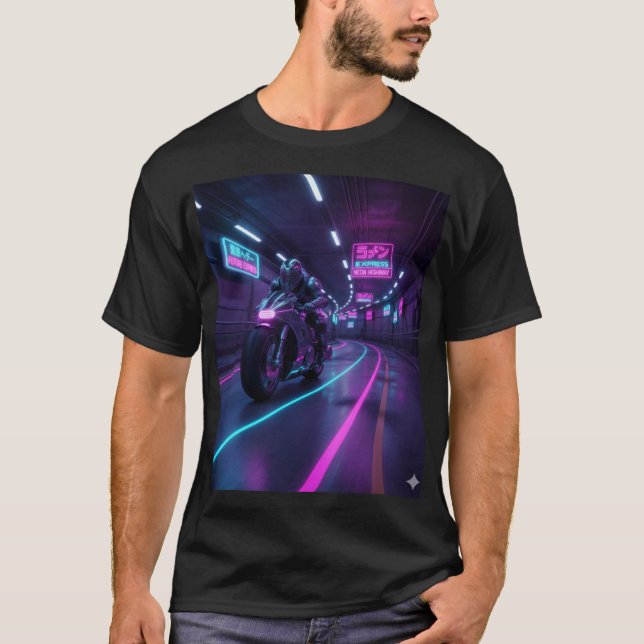 Neon Highway Rider | Cyberpunk Motorcycle Art  T Shirt (Framsida)