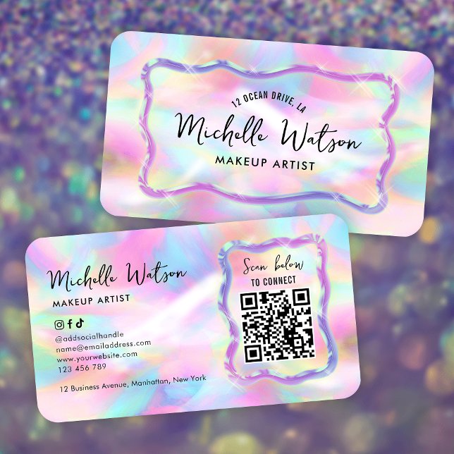 Neon Holographic Iridescent Beauty Salon QR Code Visitkort (Neon effect business cards with custom QR code, trendy fonts and holographic style background)