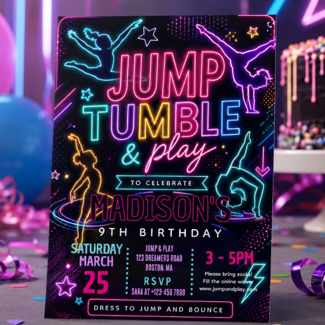 Neon Hoppa & Tumla Födelsedagsfest Inbjudningar (Skapare uppladdad)