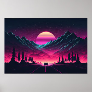 Neon Horizons: En syntethwave Mountain-enhet Poster
