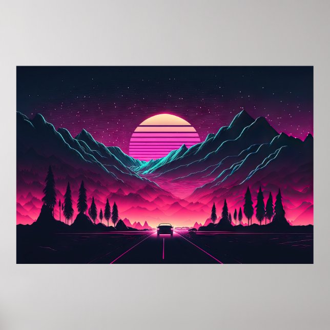 Neon Horizons: En syntethwave Mountain-enhet Poster (Framsidan)